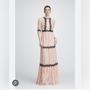 MARCHESA NOTTE PINK AND BLACK LACE GOWN. SIZE 0